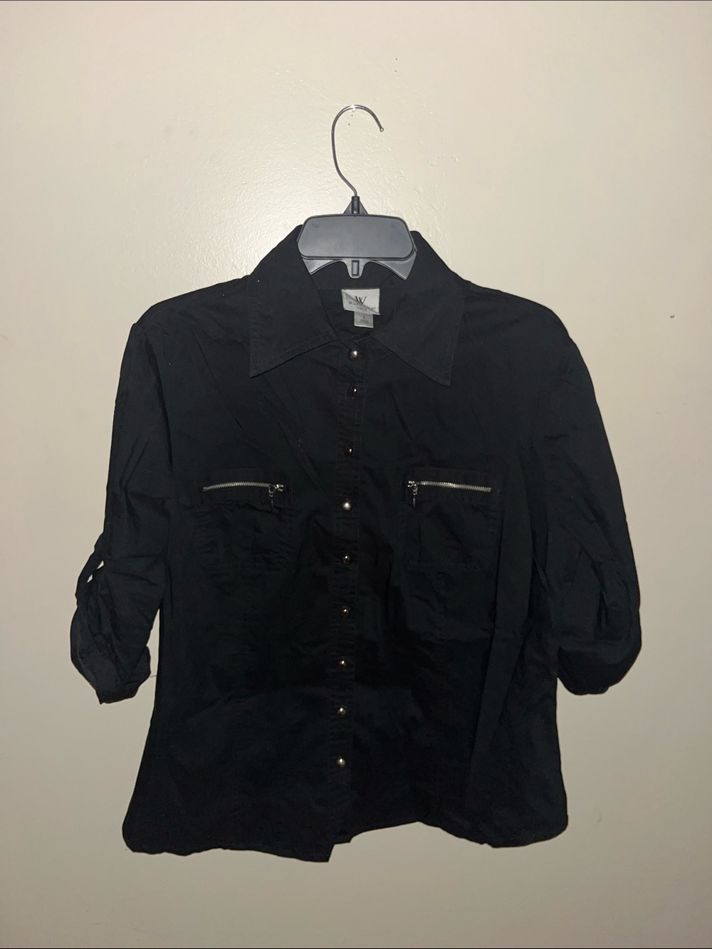 Worthington Black Button-Front Shirt Jacket with Zip Chest Pockets